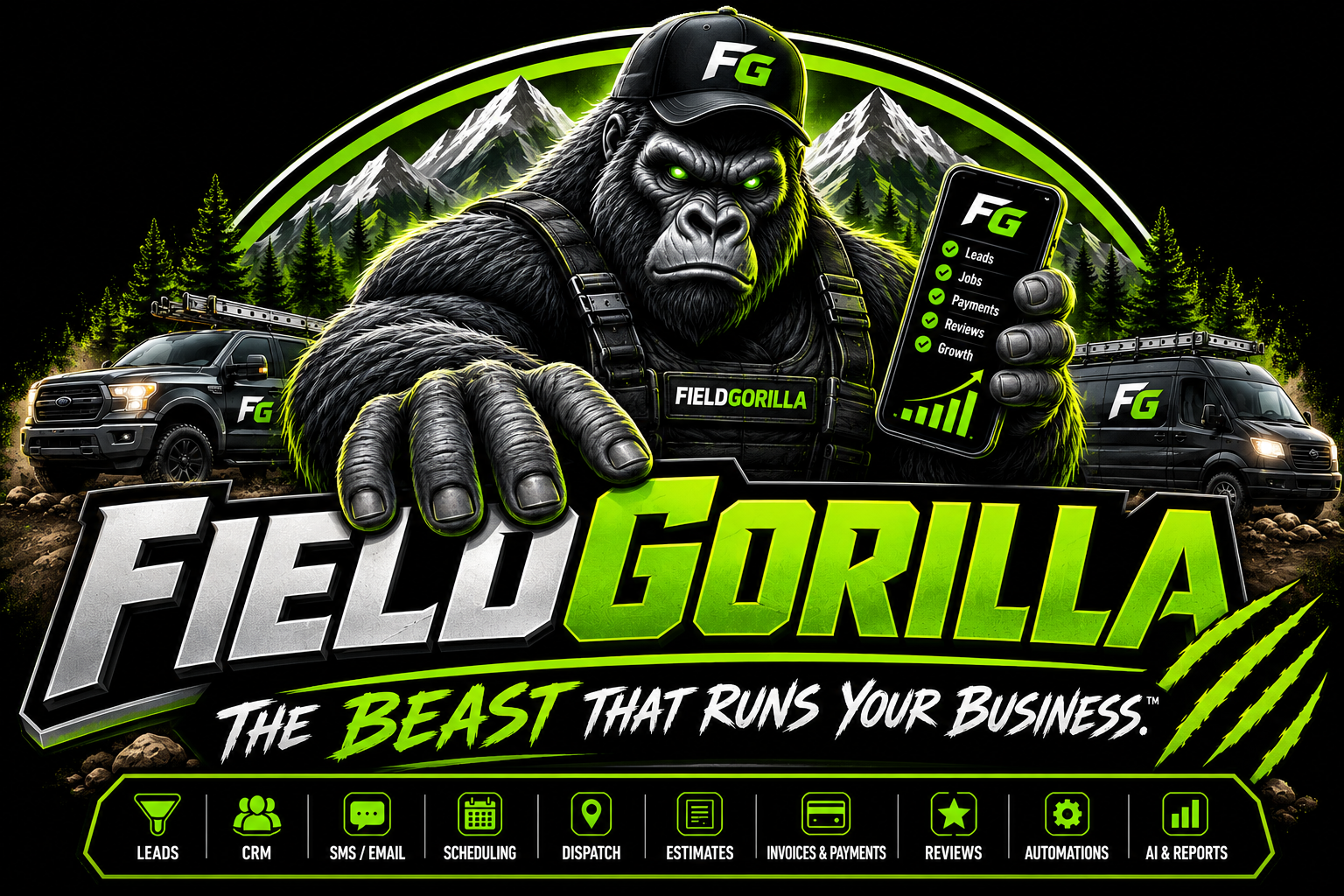 FieldGorilla platform — leads, CRM, messaging, scheduling, dispatch, estimates, payments, reviews, and reports